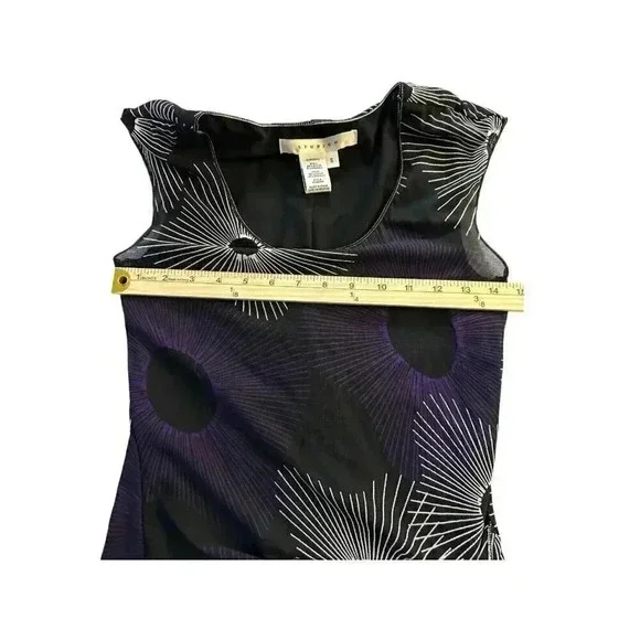 Studio M dress mini size Small black with white and purple print and side tie - Picture 9 of 16